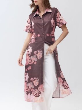 ShopEvelynne Brown & Pink Floral Button-Front Long Tunic